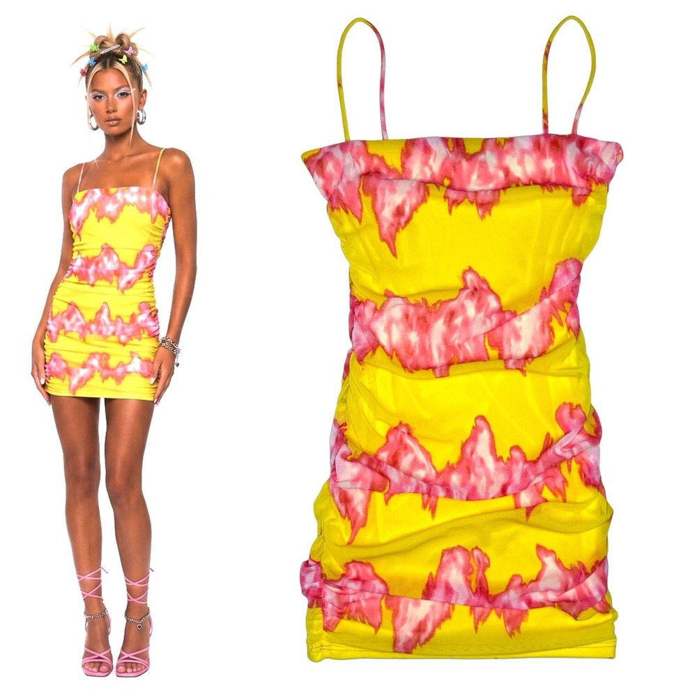 Vintage Y2K Going Out Dress S Made In USA Paper Tag Bright Tie Dye Sheer Overlay